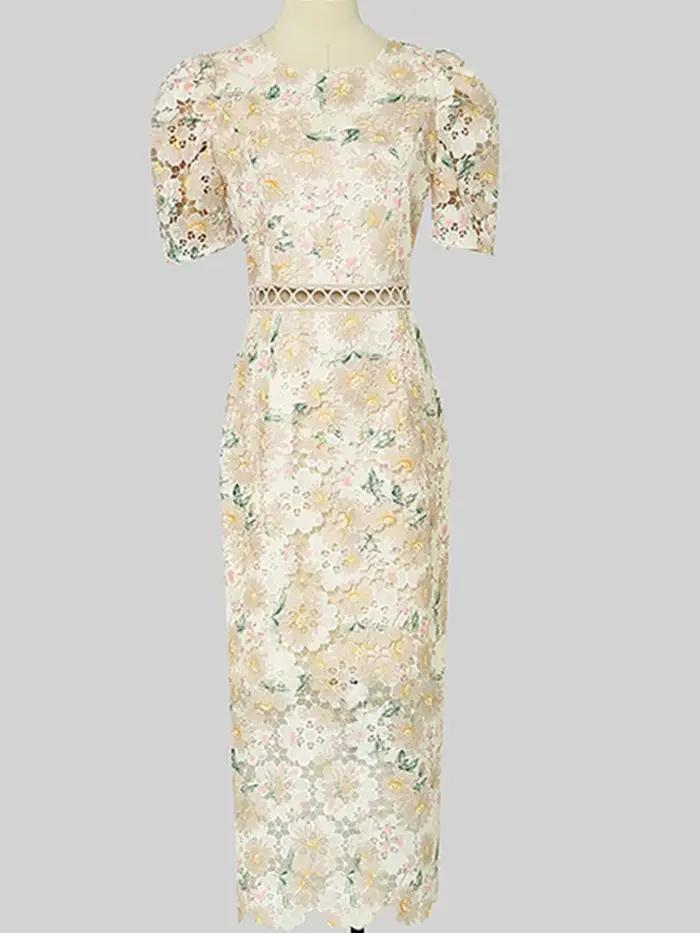SMTHMA-Robe ajourée en dentelle brodée pour femme, manches courtes, vêtements féminins élégants, nou