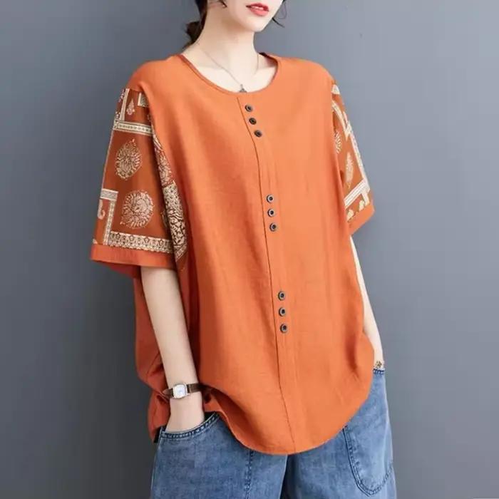 Grande taille vêtements pour femmes ample demi manches coton lin T-shirt pour les femmes été nouveau Style ethnique ventre couvrant pull haut