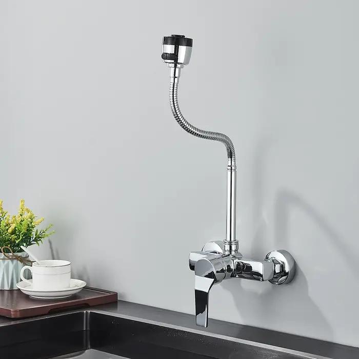 Robinet cuisine mural chromé 2 trous avec flexible 360° - Mitigeur eau chaude froide sans plomb à jet variable