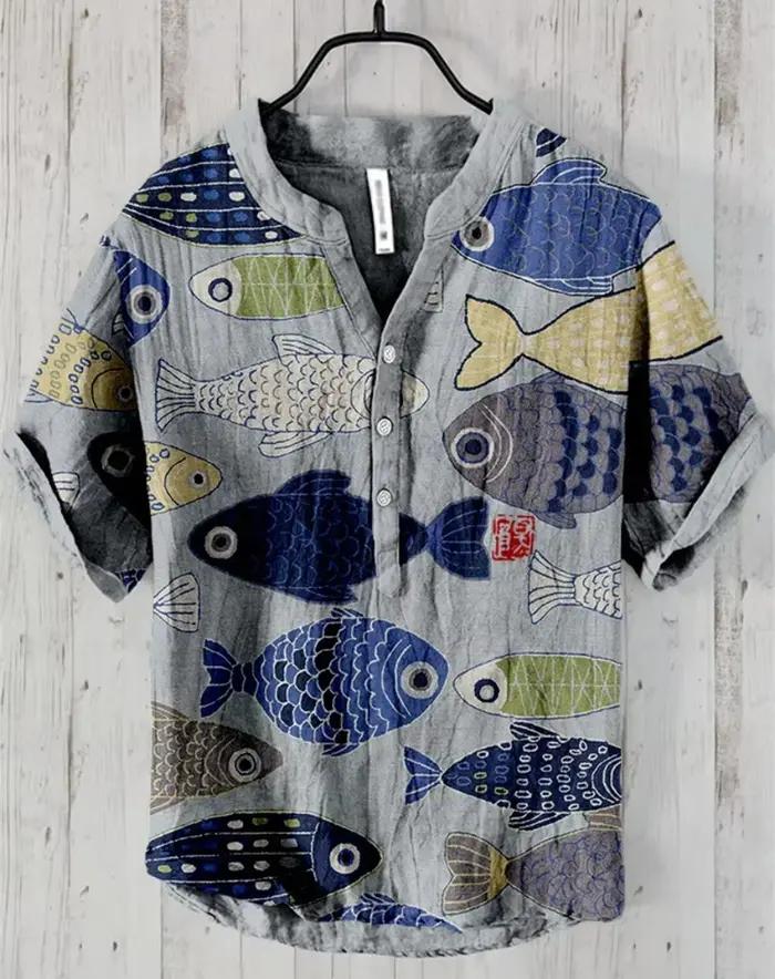 Henry chemise-chemise en lin à manches courtes pour hommes hauts nouvel été T-shirt style décontracté motif de poisson imprimé vêtements de mode Europe