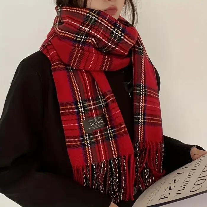 Écharpe à pampilles Tartan rouge, élégante, Vintage, décoration, écharpe de cou, automne hiver, rési