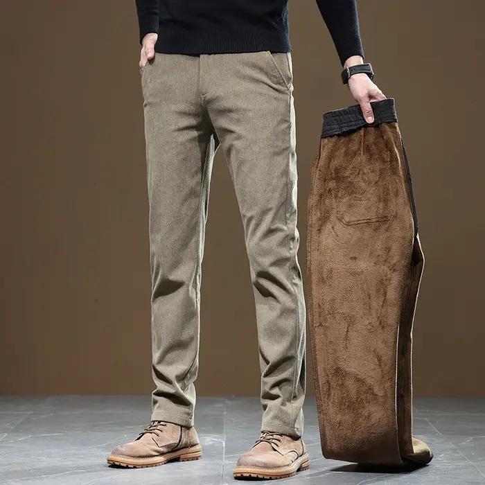 Pantalon homme hiver 2025 chaud velours côtelé business slim stretch épais gris kaki duvet décontracté