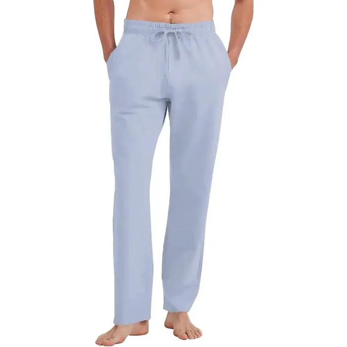 Pantalon droit homme coton lin léger respirant été décontracté couleur unie taille élastique confortable