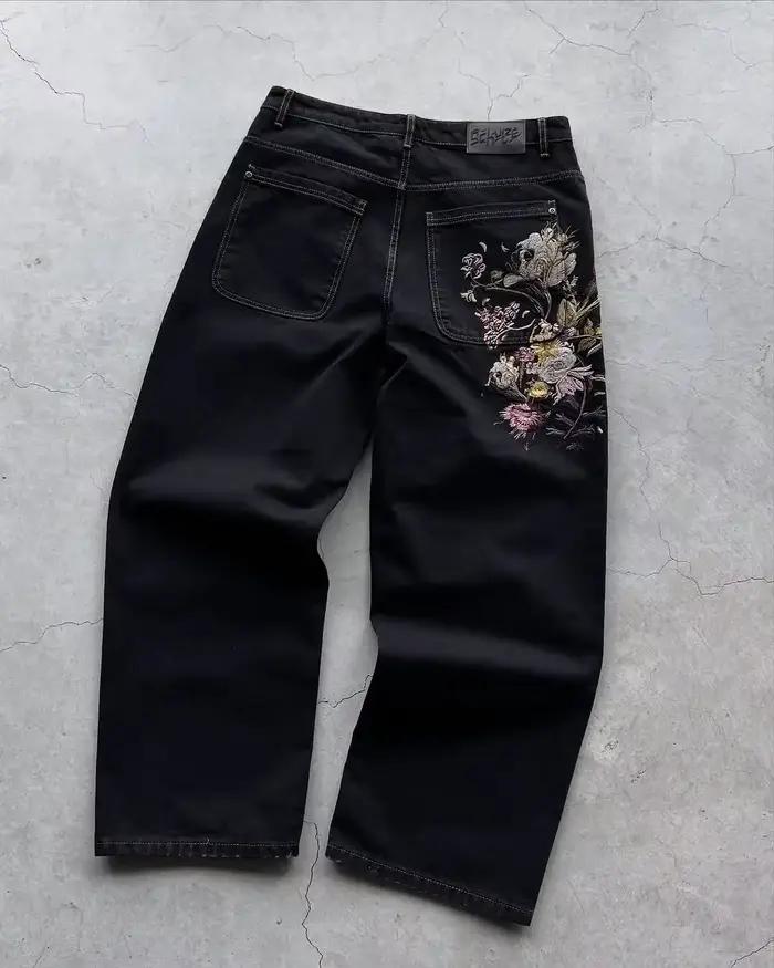 Jean brodé avec lettres patchwork américaines pour hommes, style gothique Harajuku, jambes larges, p