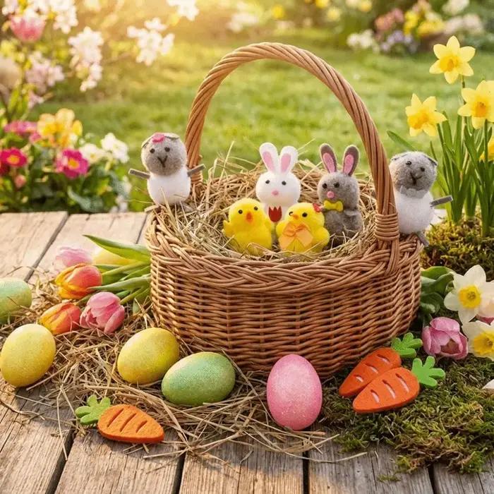 Ornement de Pâques amusant et joyeux : Œufs de Pâques, poussins et figurines de lapins réalistes et mignonnes, faites à la main, pour la décoration de Pâques et les fêtes