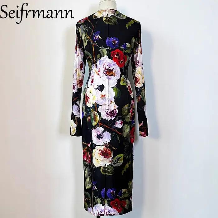 Seifrmann – robe en soie pour femmes, Style Sexy, manches longues, imprimé Vintage, coupe cintrée, p