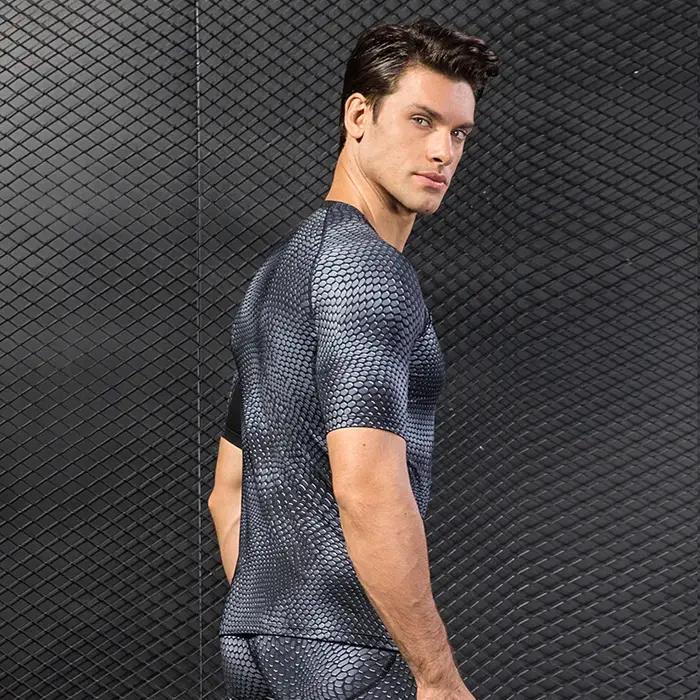 Chemises imprimées à Compression pour hommes, T-Shirt d'entraînement à manches courtes, hauts de cou