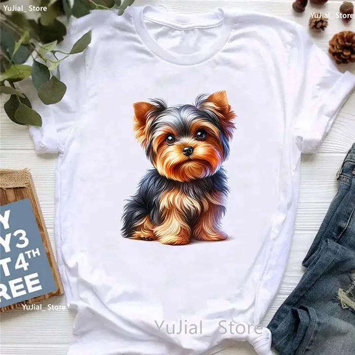 T-shirt imprimé animal Yorkshire Terrier pour femmes, T-shirt femme, vêtements Kawaii, Harajuku, fleurs, drôle, mode estivale