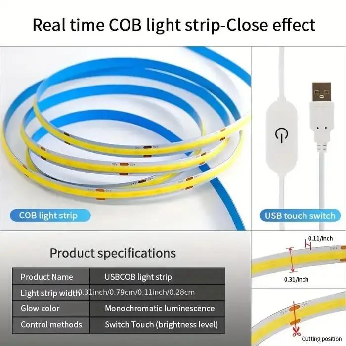 Bande lumineuse LED à capteur tactile USB, rétroéclairage gradateur, 5V, COB, ruban à diode pour la