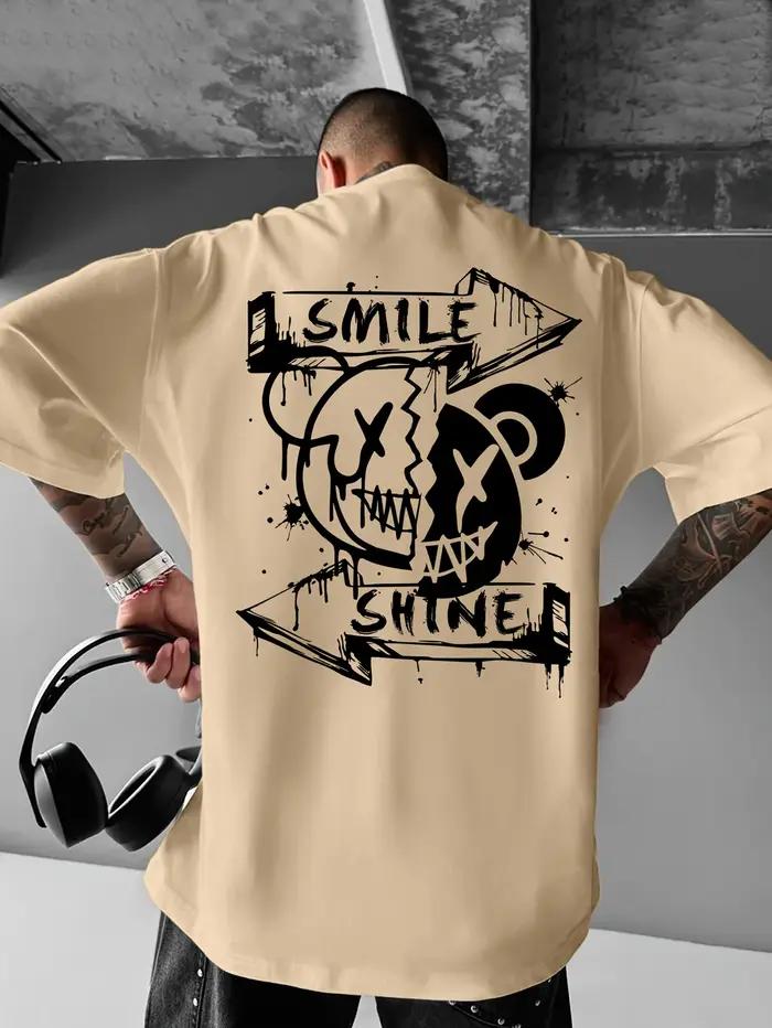 T-shirt pour homme en coton 100% avec imprimé graphique d'ours cassé Smile Shine