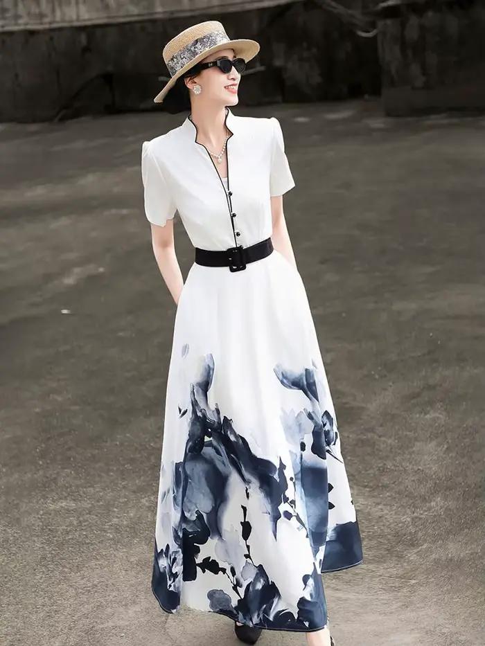 MEXCOCO 2026 Nouvelle collection été – Robe évasée élégante à manches courtes imprimé peinture à l'e