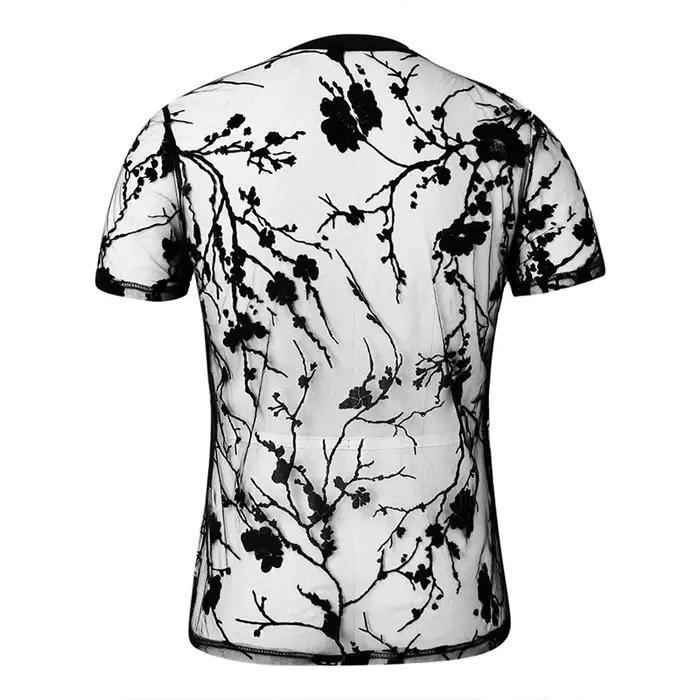 T-shirt homme été en maille et dentelle avec motifs floraux col rond pour soirée chic et élégance
