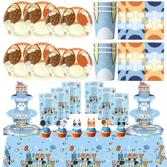 Nouveau dessin animé chiens fête d'anniversaire décoration ensemble complet Kit bleu chien joyeux anniversaire assiettes serviettes tasses vaisselle fournitures enfant faveur