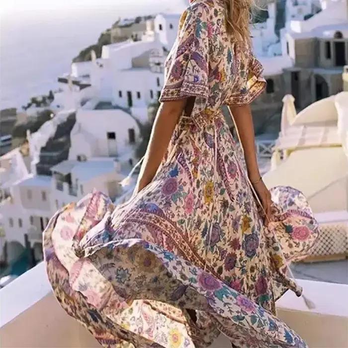 Robe bohème maxi femme été imprimée paon manches chauve-souris décolleté V plumes plage