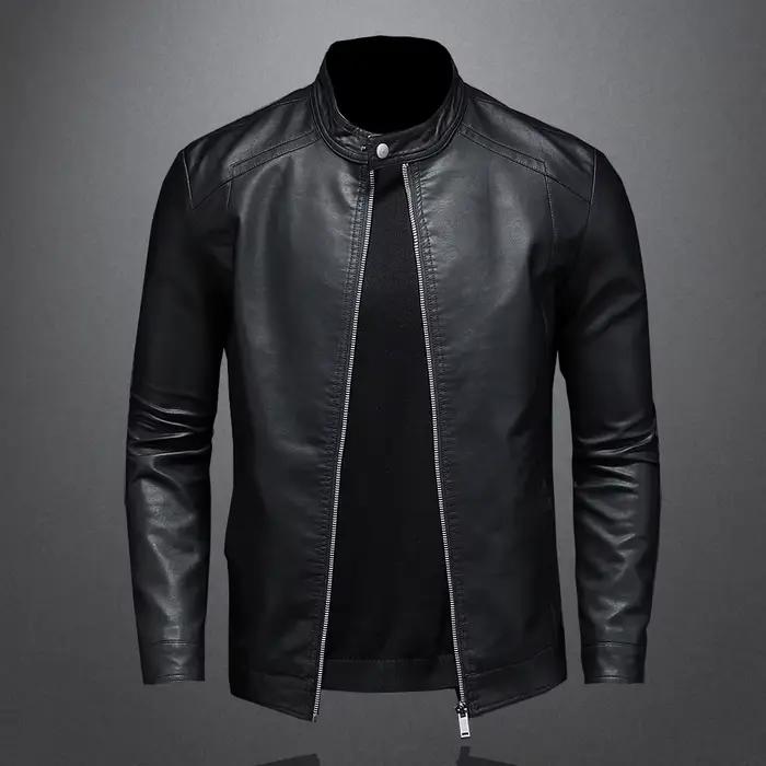 Printemps automne veste en cuir hommes col montant mince veste en cuir Pu mode Moto manteau décontra