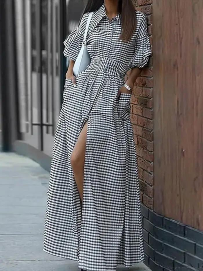 Yeezzi 2025 nouvelle mode Plaid revers chemise robe femmes manches à volants poches boutonnées fente avant taille haute