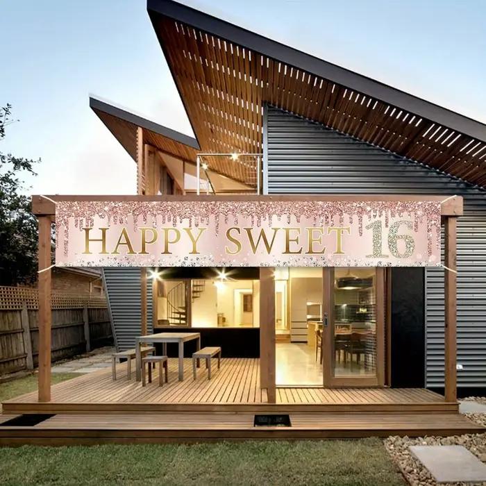 16e anniversaire "Banner Happy and Sweet Party – Décoration intérieure/extérieure en polyester