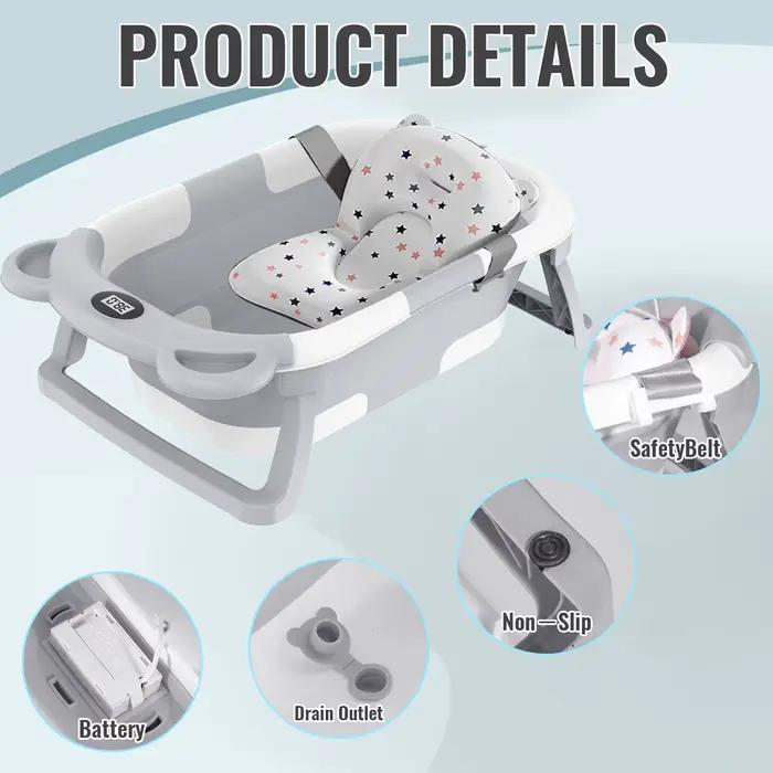 Baignoire pliable pour bébé avec thermomètre, baignoire de voyage portable avec tapis de bain doux,