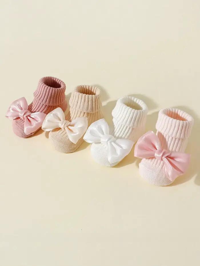 4 paires de chaussettes pour tout-petits avec nœuds, chaussettes mignonnes en coton doux pour bébés