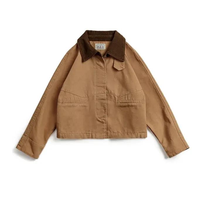 Veste de grange rétro kaki MADEN en coton 100%, avec col en velours côtelé, coupe ample et fermeture à boutons simples pour femmes, idéale pour l'automne et l'hiver