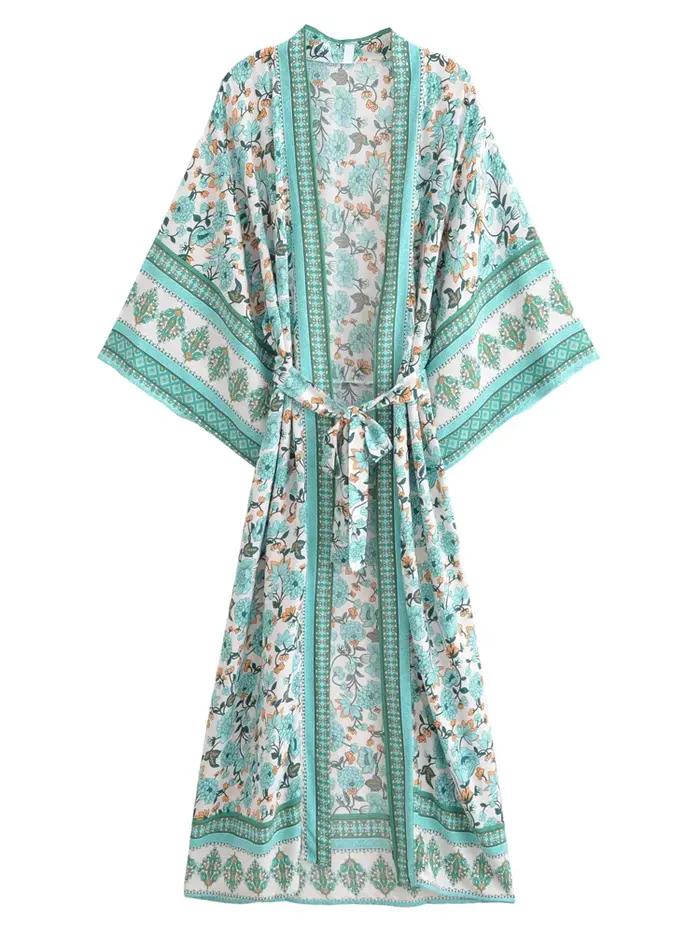Kimono plage vintage fleuri jaune - Robe maxi manches chauve-souris - Couverture bikini bohème