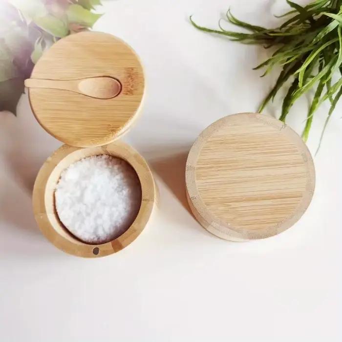 Pots d'assaisonnement au sel, pot à poivre, boîte à condiments en bambou, bol de rangement, ensemble de pots, support de récipient à sucre en bois, fonction de couvercle, bols multiples