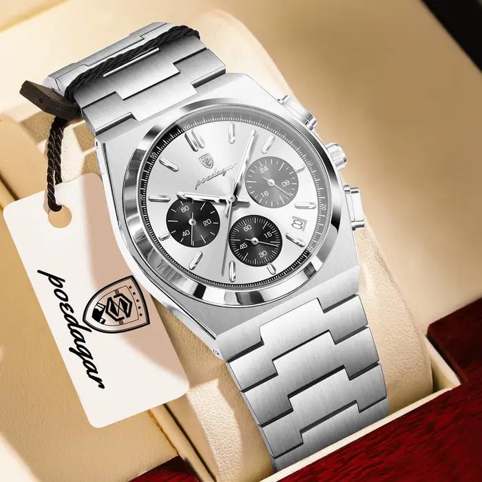 Montre homme chronographe POEDAGAR classique acier inoxydable étanche avec date et aiguilles lumineuses