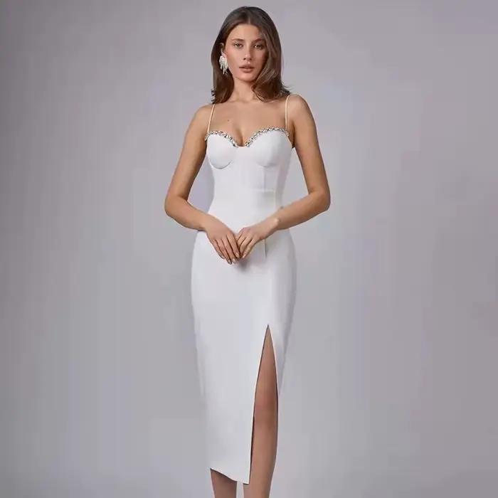 Robe à perles Spaghetti pour femmes, Sexy, sans manches, moulante, vêtements à bandes, robe de soiré