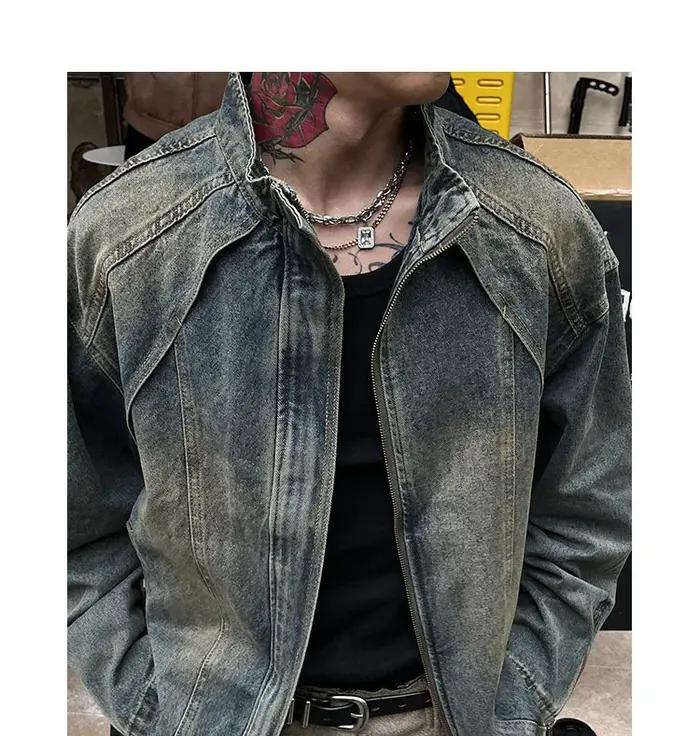 Veste en jean vintage pour homme, veste cargo décontractée à col montant et manches longues, streetwear ample et tendance pour le printemps et l'automne