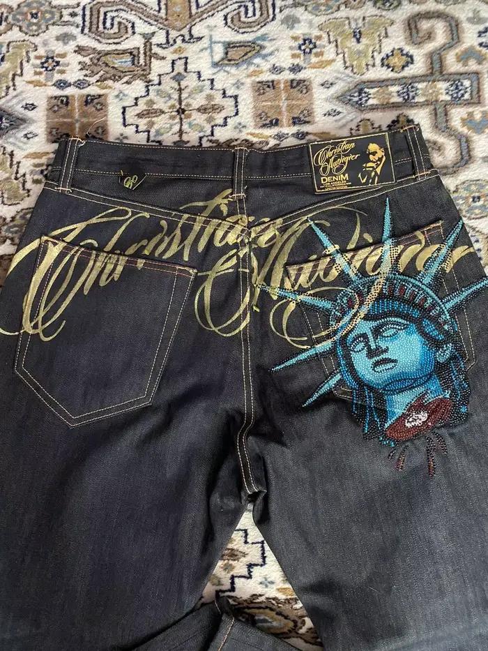 Jeans Harajuku Y2K en denim avec décoration de la Statue de la Liberté pour femmes, style américain, jambes larges, coupe droite, disponible en plusieurs tailles et couleurs, parfait pour les occasions spéciales et tous les jours