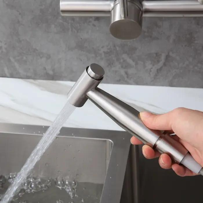 Robinet cuisine mural deux trous acier inoxydable eau froide chaude avec pulvérisateur rotatif balcon