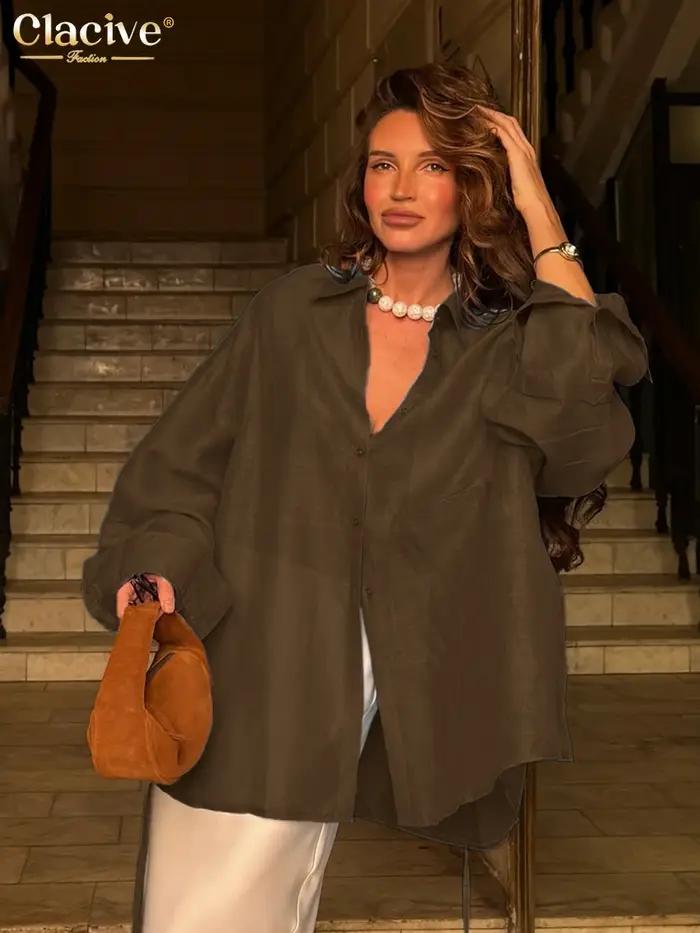 Clacive mode ample bleu femmes Blouse 2025 Sexy revers à manches longues chemise élégant classique solide haut