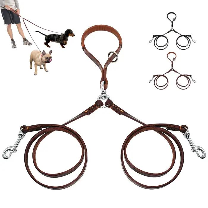 Laisse double en cuir pour animaux de compagnie