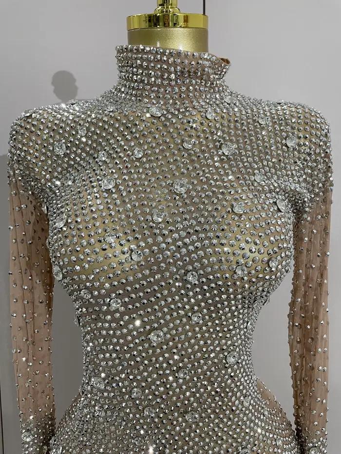 Gants à manches longues avec strass scintillants, body extensible pour femmes, soirée de luxe, fête