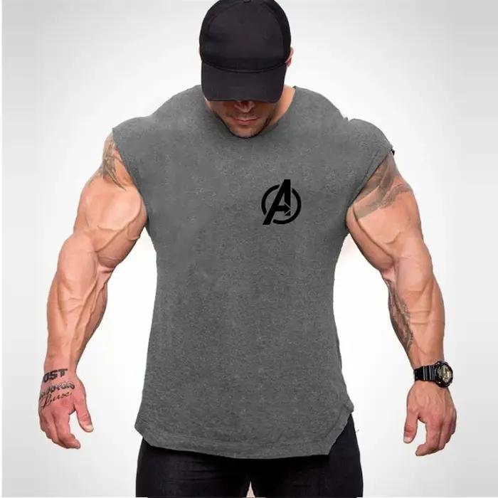 Chemise en fibre de coton à ourlet incurvé pour hommes, vêtements de musculation, stringers de gym,