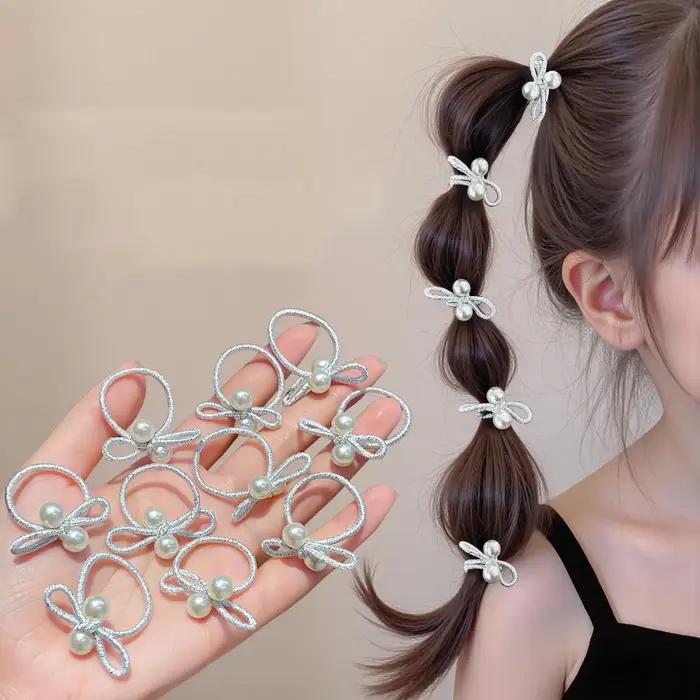 10 pièces enfants tressé élastique coréen argent perle arc bandeau sans endommager les cheveux petit