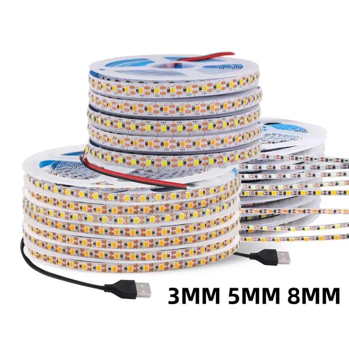 Bande lumineuse LED USB à intensité variable, DC5V, 3MM, 5MM, 8MM, largeur PCB, corde Flexible, 2835