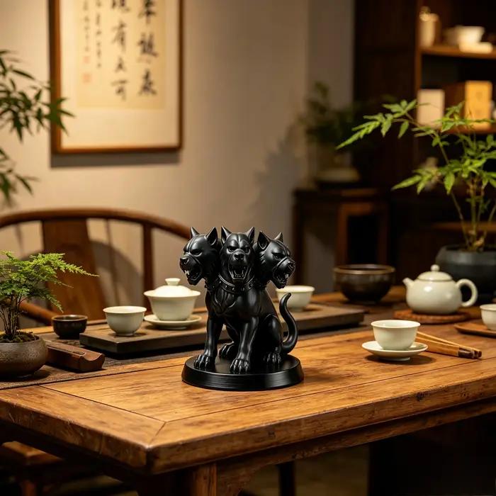 Statue de chien noir à trois têtes