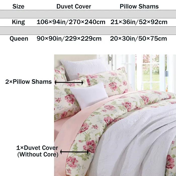 Ensemble de housses de sport en coton égyptien, sans noyau, fleuri, rose et vert, shabby chic, doux