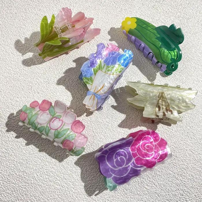 Pince à cheveux en acrylique Double face pour femmes, imprimé de fleurs, surdimensionnée, géométriqu