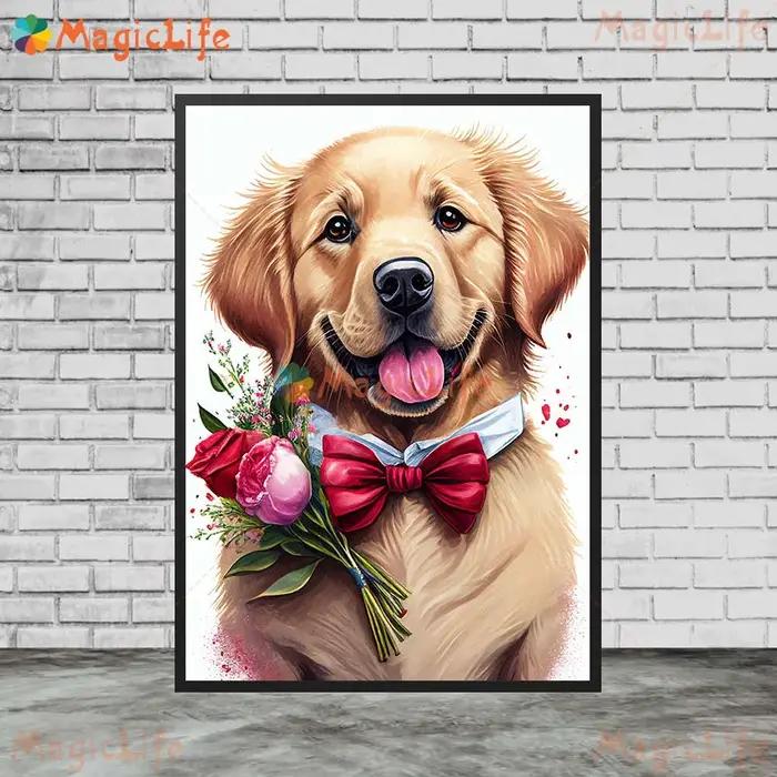 Chien avec fleurs de roses