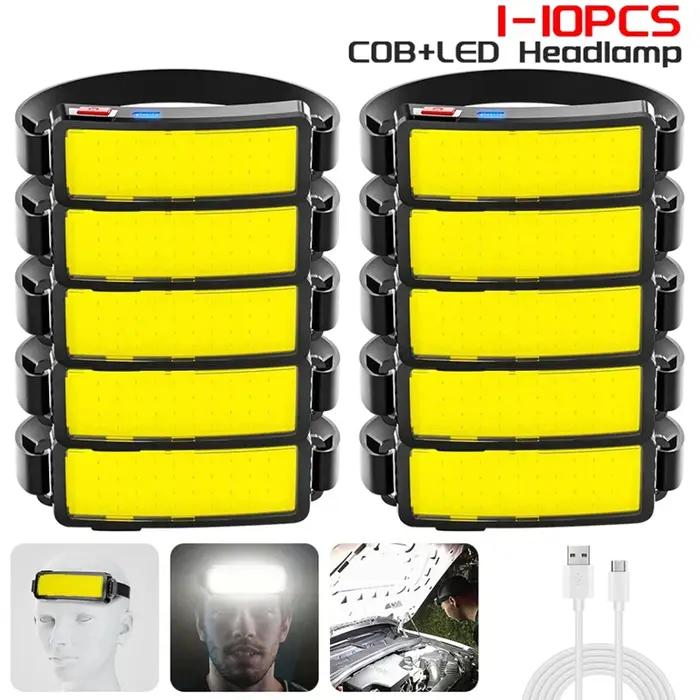 Lampe frontale COB puissante Rechargeable par USB, batterie intégrée, lampe de poche pour la pêche e