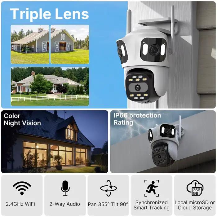 Caméra PTZ IP extérieure 3 objectifs écran triple WiFi suivi automatique CCTV iCsee