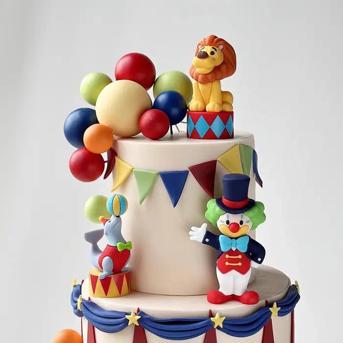 Décoration de gâteau sur le thème du cirque avec Clown, Lion, Éléphant, Lion de Mer, Magicien et Ours pour fêtes d'anniversaire, baptême et révélation du sexe des enfants