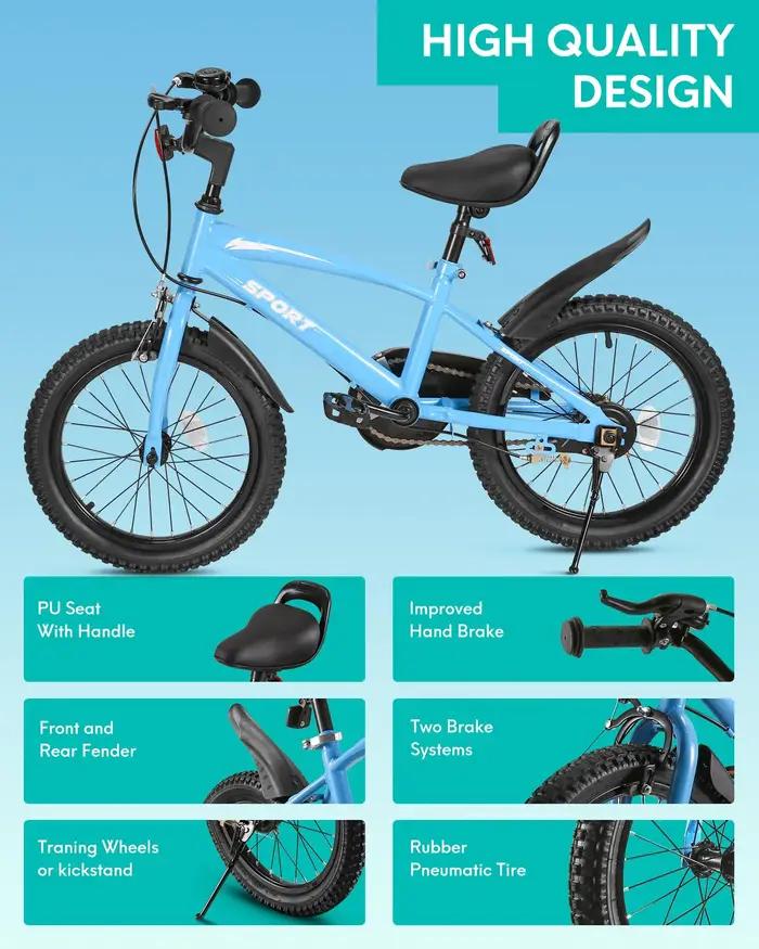 Vélo pour enfants avec roues d'entraînement et support de déclinaison, vélo pour enfants, freins à m