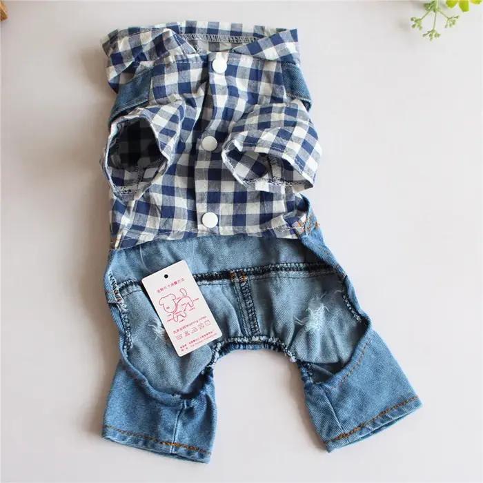 Combinaisons en jean pour chien avec patchwork à carreaux