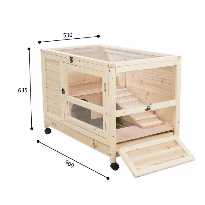 Lapin en bois à 2 niveaux pour l'extérieur, chalets avec rampe, roues, manipulation, mouvement, inst