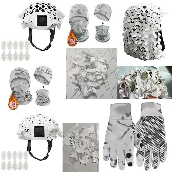Kit camouflage hiver neige blanc tactique 3D - Couverture casque bandes tissu écharpe gants bonnet