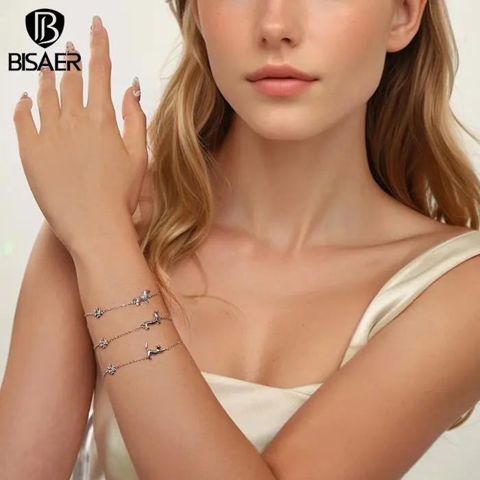 Bracelet Bisaer Teckel en argent sterling 925 plaqué platine pour femmes, cadeau pour anniversaire, engagement, mariage et autres occasions spéciales