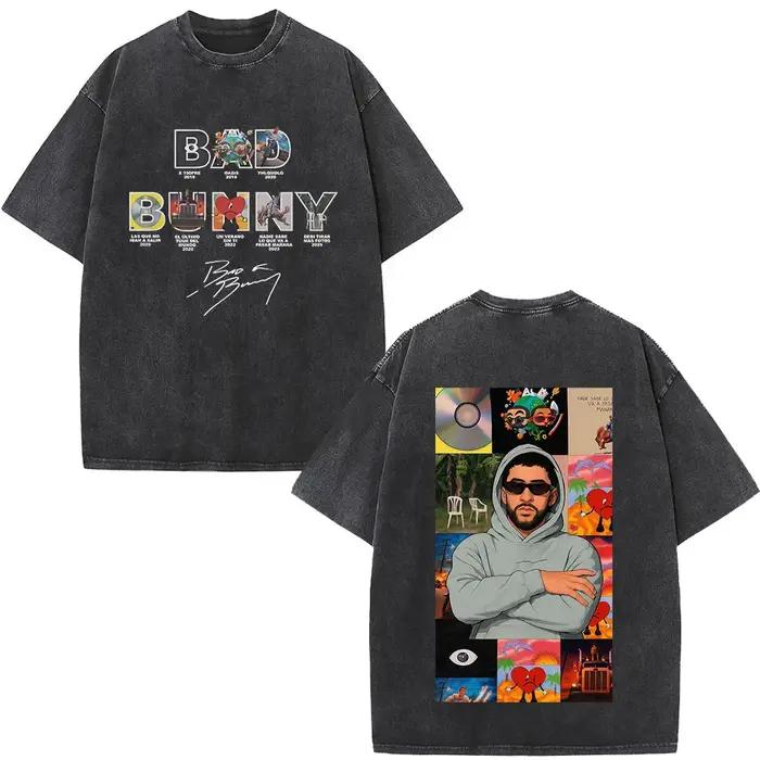 T-shirt vintage délavé Rapper Bad Bunny Debi Tirar Mas Fotos DTMF World Tour – T-shirts mode homme H